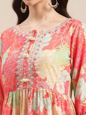 Floral Printed Empire Mirror Work Anarkali Kurta with Sharara & With Dupatta 2