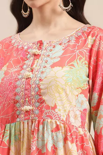 Floral Printed Empire Mirror Work Anarkali Kurta with Sharara & With Dupatta