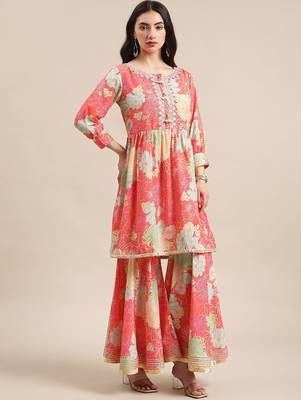 Floral Printed Empire Mirror Work Anarkali Kurta with Sharara & With Dupatta 5