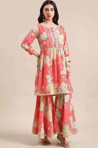 Floral Printed Empire Mirror Work Anarkali Kurta with Sharara & With Dupatta