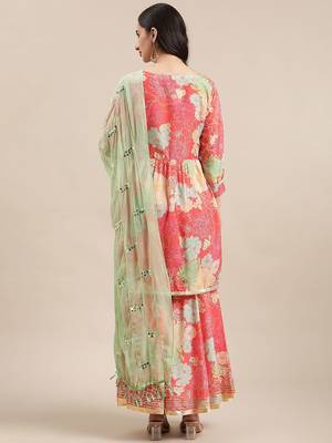 Floral Printed Empire Mirror Work Anarkali Kurta with Sharara & With Dupatta 6