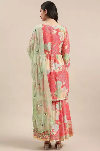 Floral Printed Empire Mirror Work Anarkali Kurta with Sharara & With Dupatta