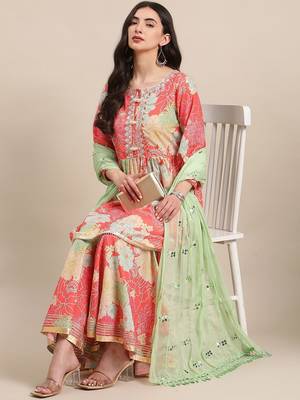 Floral Printed Empire Mirror Work Anarkali Kurta with Sharara & With Dupatta 7