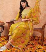 Floral Embroidered Chanderi Silk Kurta with Trousers & Dupatta