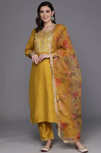 Floral Embroidered Chanderi Silk Kurta with Trousers & Dupatta