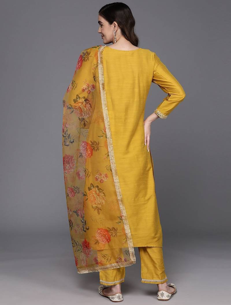 Floral Embroidered Chanderi Silk Kurta with Trousers & Dupatta