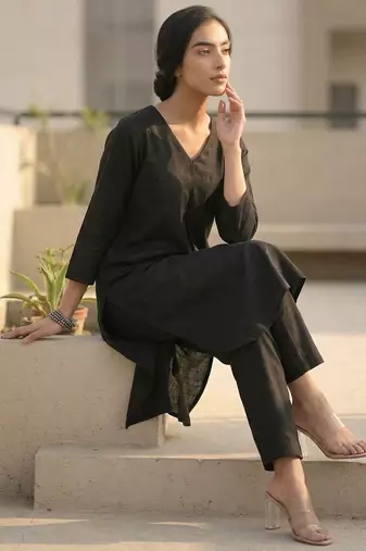 V Neck A-Line Kurta with Trousers