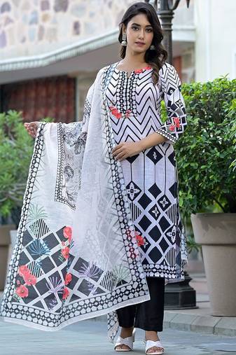 Geometric Printed Straight Kurta With Trousers & Dupatta
