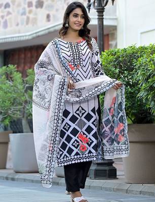 Geometric Printed Straight Kurta With Trousers & Dupatta 6
