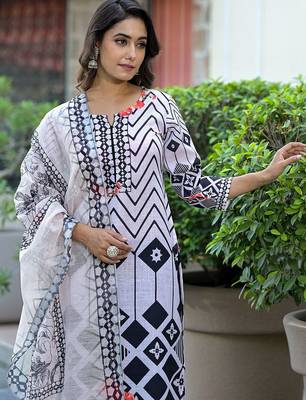 Geometric Printed Straight Kurta With Trousers & Dupatta 7