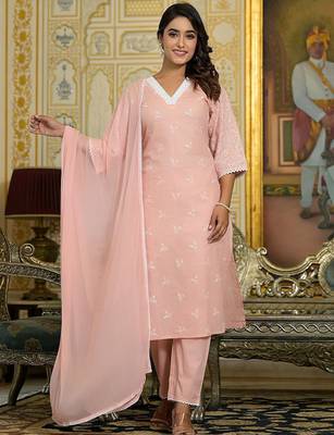Floral Embroidered Chikankari Straight Kurta With Trousers & Dupatta 2
