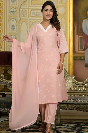 Floral Embroidered Chikankari Straight Kurta With Trousers & Dupatta