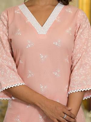 Floral Embroidered Chikankari Straight Kurta With Trousers & Dupatta 3