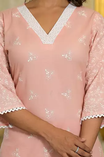 Floral Embroidered Chikankari Straight Kurta With Trousers & Dupatta