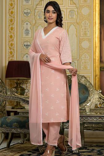 Floral Embroidered Chikankari Straight Kurta With Trousers & Dupatta