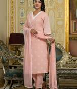 Floral Embroidered Chikankari Straight Kurta With Trousers & Dupatta
