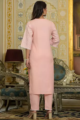 Floral Embroidered Chikankari Straight Kurta With Trousers & Dupatta