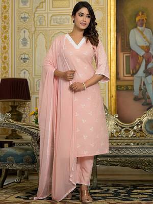 Floral Embroidered Chikankari Straight Kurta With Trousers & Dupatta 6