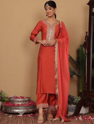 Yoke Design Zari Embroidered Sequinned Kurta with Trousers & Dupatta 1