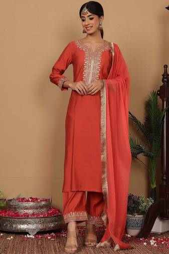 Yoke Design Zari Embroidered Sequinned Kurta with Trousers & Dupatta