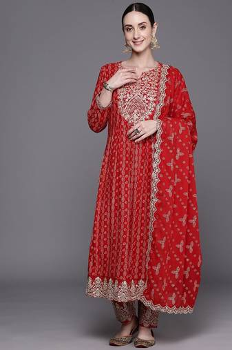 Ethnic Motifs Printed Regular Sequinned Kurta With Trousers & Dupatta