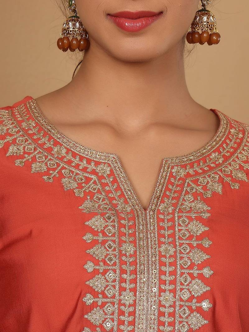 Yoke Design Zari Embroidered Sequinned Kurta with Trousers & Dupatta
