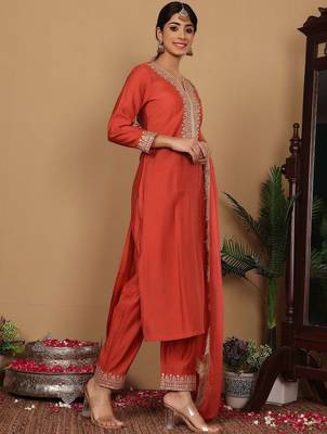 Yoke Design Zari Embroidered Sequinned Kurta with Trousers & Dupatta 5