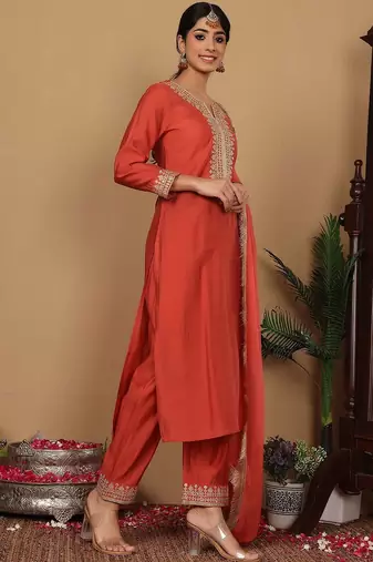 Yoke Design Zari Embroidered Sequinned Kurta with Trousers & Dupatta