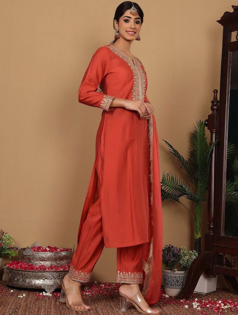 Yoke Design Zari Embroidered Sequinned Kurta with Trousers & Dupatta