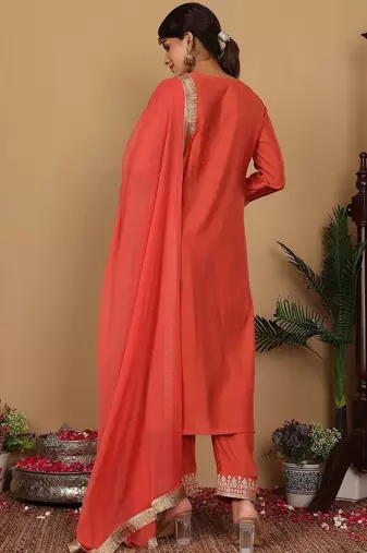 Yoke Design Zari Embroidered Sequinned Kurta with Trousers & Dupatta