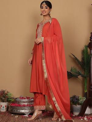 Yoke Design Zari Embroidered Sequinned Kurta with Trousers & Dupatta 7