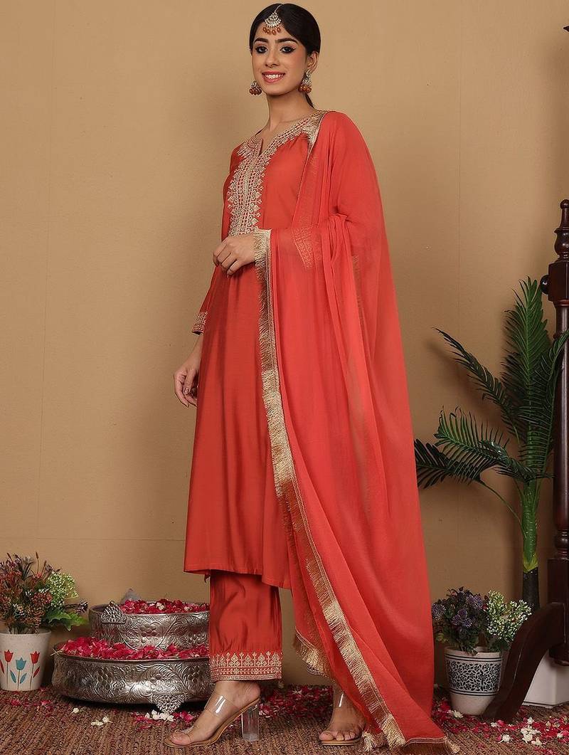 Yoke Design Zari Embroidered Sequinned Kurta with Trousers & Dupatta