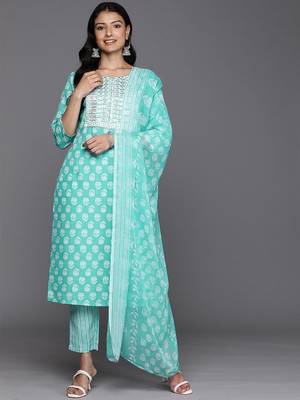 Floral Printed Regular Sequinned Pure Cotton Kurta With Trousers & Dupatta 1