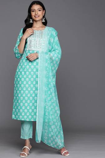 Floral Printed Regular Sequinned Pure Cotton Kurta With Trousers & Dupatta