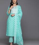 Floral Printed Regular Sequinned Pure Cotton Kurta With Trousers & Dupatta