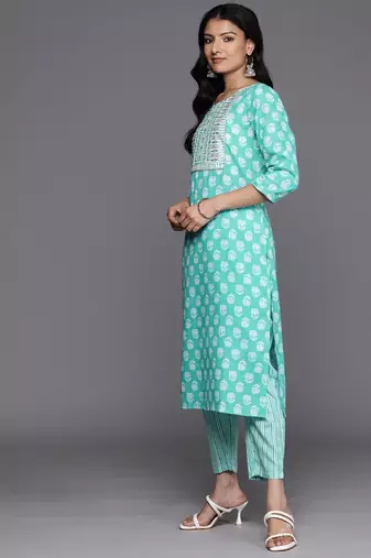 Floral Printed Regular Sequinned Pure Cotton Kurta With Trousers & Dupatta