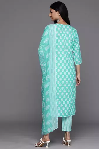Floral Printed Regular Sequinned Pure Cotton Kurta With Trousers & Dupatta