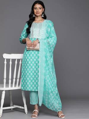 Floral Printed Regular Sequinned Pure Cotton Kurta With Trousers & Dupatta 7