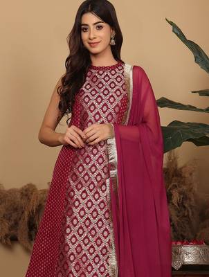 Women Brocade Princess cut A Line Halter Neck Kurta with Trouser & Dupatta 2
