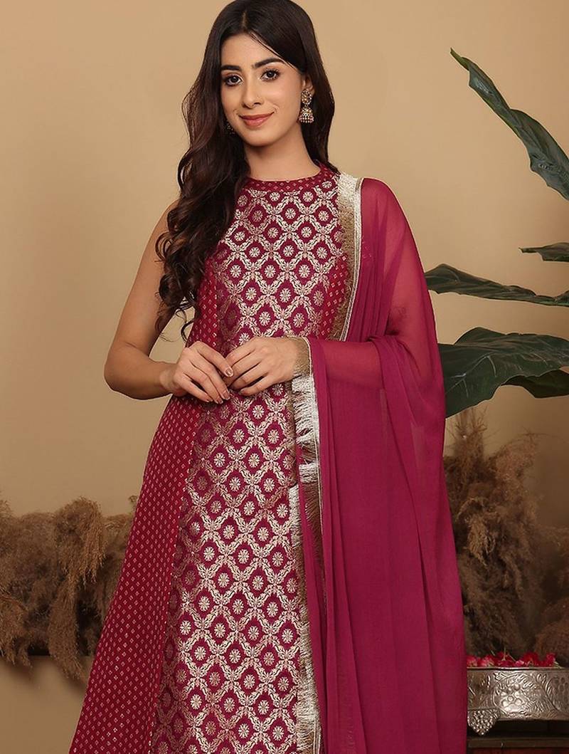 Women Brocade Princess cut A Line Halter Neck Kurta with Trouser & Dupatta