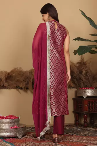 Women Brocade Princess cut A Line Halter Neck Kurta with Trouser & Dupatta