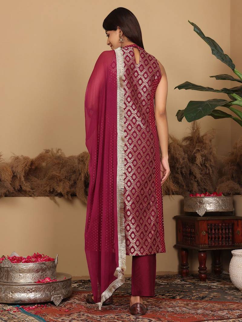 Women Brocade Princess cut A Line Halter Neck Kurta with Trouser & Dupatta