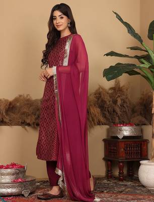Women Brocade Princess cut A Line Halter Neck Kurta with Trouser & Dupatta 1
