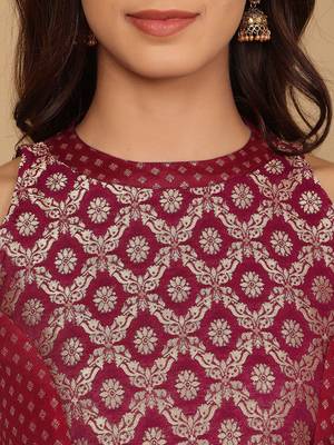 Women Brocade Princess cut A Line Halter Neck Kurta with Trouser & Dupatta 5