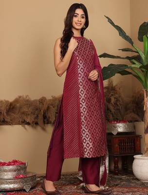 Women Brocade Princess cut A Line Halter Neck Kurta with Trouser & Dupatta 6