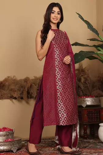 Women Brocade Princess cut A Line Halter Neck Kurta with Trouser & Dupatta