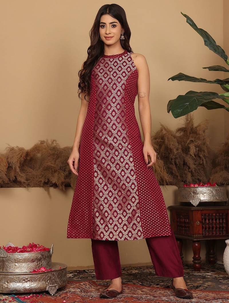 Women Brocade Princess cut A Line Halter Neck Kurta with Trouser & Dupatta