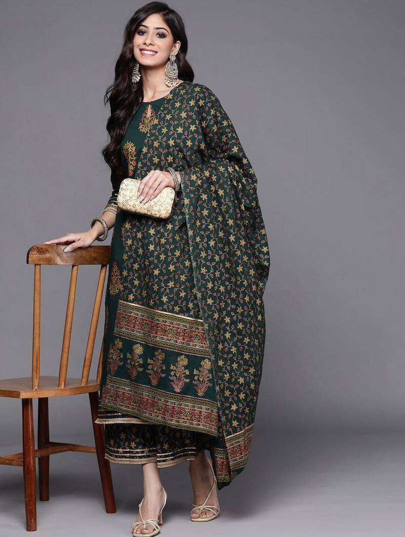 Floral Printed Kurta with Trousers & Dupatta