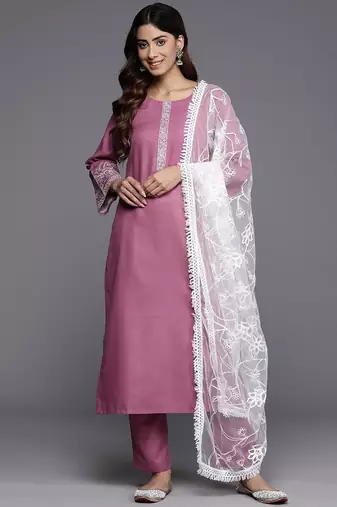 Floral Thread Embroidered Straight Kurta & Trousers With Dupatta
