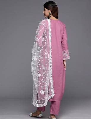 Floral Thread Embroidered Straight Kurta & Trousers With Dupatta 6